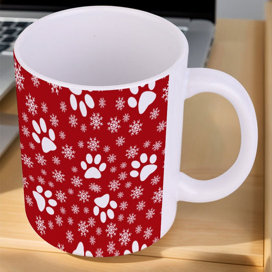 POD US Local White mug with full print, Christmas Snowflakes Cats Dogs Paws Red 0067