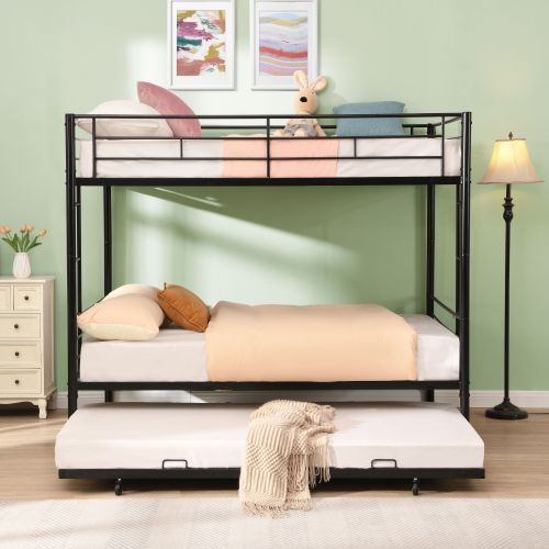 US Local Full Over Full With Trundle Metal Bunk Bed , No Box Spring Needed, Easy Assemble