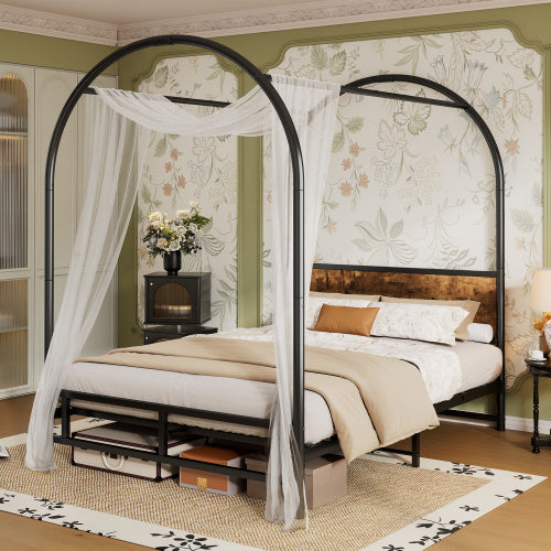 UK Local Metal Bed, 4ft6 Double Bed 135x190cm, Durable And Sturdy, Canopy Twin Bed, Iron Bed For Adults Teenagers, Black Wood Color Bed Frame Only Drape Not Included