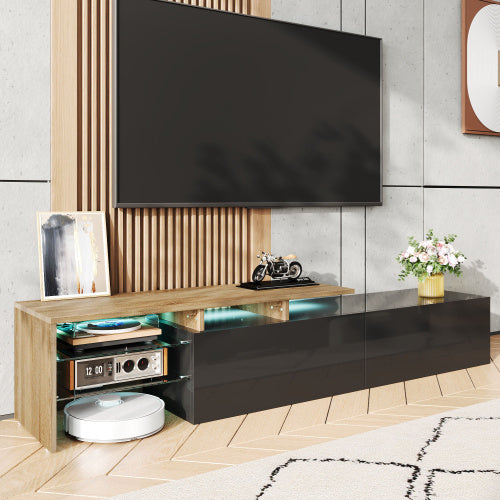 UK Local Modern TV Cabinet Design Stylish And Elegant, Practical Storage Space, Black And Wood Look, Glass Shelves, LED Lighting