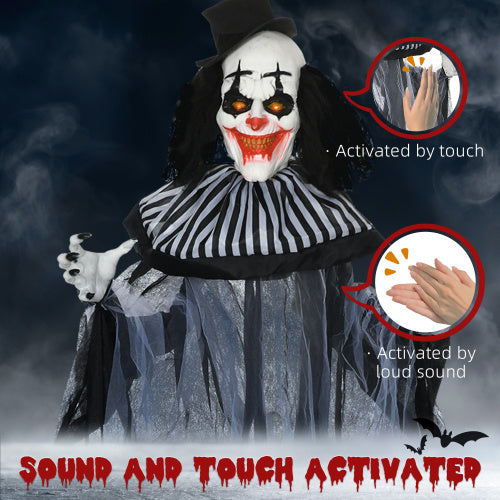 HOMCOM 6 Life Size Outdoor Halloween Decoration, Classic Black And White Striped Clown Animatronic, Sound And Motion Activated Animated Prop With Light Up Eyes Sounds