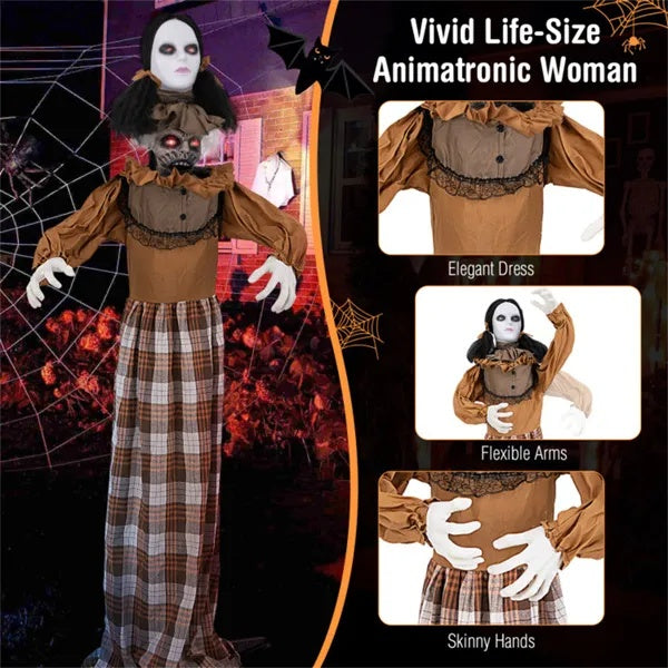 5.4ft Halloween Animatronic Witch - Scary Pop-Up Head, Sound Button Activation, 4 Flashing Red Eyes & Screeching Laugh