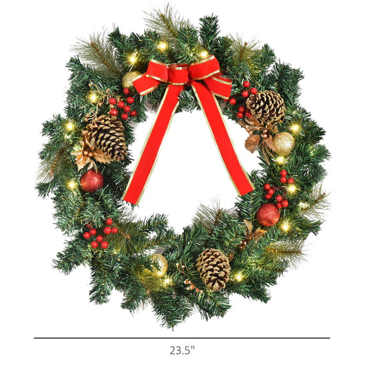 CA Local Christmas Wreath Pre-Lit Artificial Greenery Xmas Spruce Wreath Cones Red Berries 20 LED Lights Battery Operated