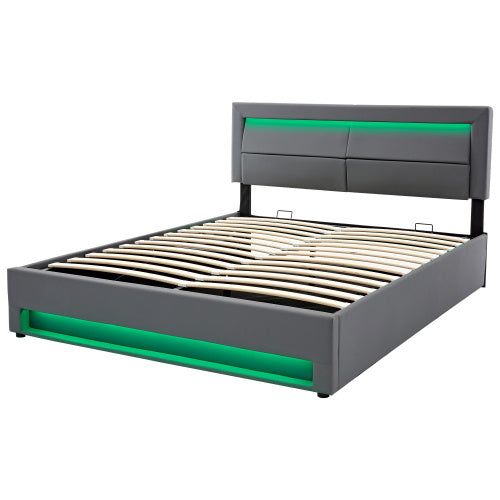 UK Local Upholstered Bed 135 X 190 Cm,Double Bed-4ft6,with USB Port Supports Wireless And Wired Charging, With LED Lighting And Storage Space, Without Mattress, PU-Lychee Design, Gray