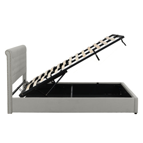 UK Local Upholstered Bed,Double Bed-4ft6 135x190cm ,with Hydraulic Lever, Functional Storage Bed, Rivet Decoration, Without Mattress, Linen, Light Grey