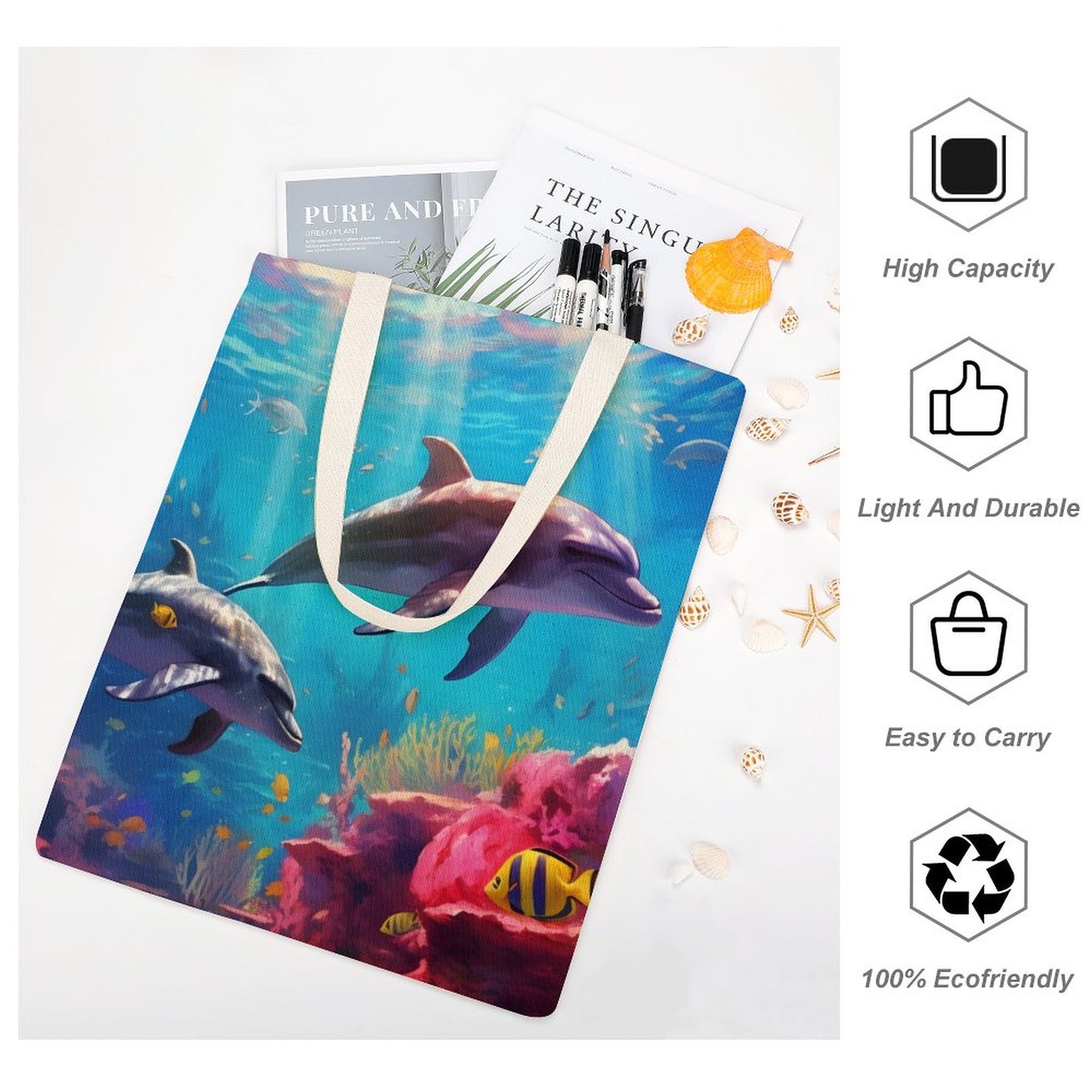 Canvas Tote Bag Double Side, Sea Dolphins, B001A009 - iTopMax