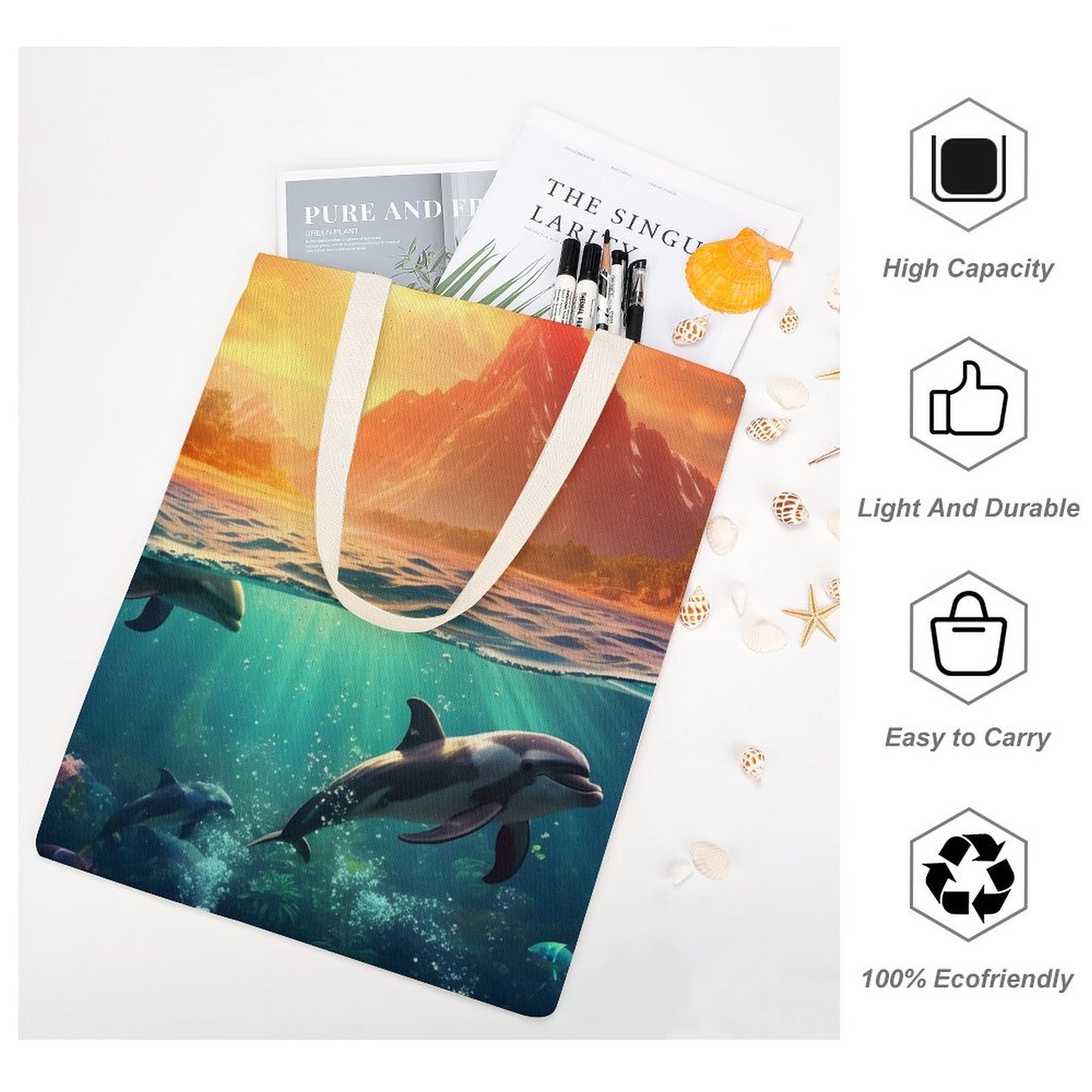 Canvas Tote Bag Double Side, Sea Dolphins, B001A010 - iTopMax