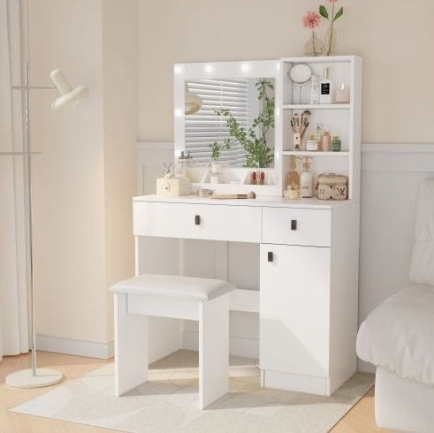 US Local Vanity Desk With Lights, Vanity Set With Mirror, Makeup Vanity Desk With Large Drawers  Three Level Storage Dreeser, VanitysVanities With 3 Lights Brightness Adjustable For Bedroom, White