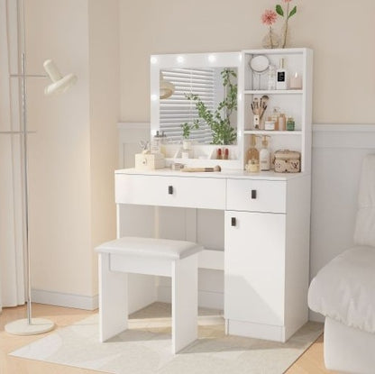 US Local Vanity Desk With Lights, Vanity Set With Mirror, Makeup Vanity Desk With Large Drawers  Three Level Storage Dreeser, VanitysVanities With 3 Lights Brightness Adjustable For Bedroom, White