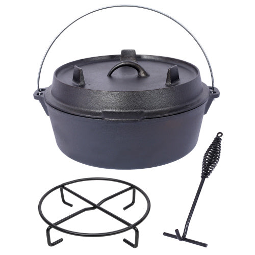US Local Pre-Seasoned Cast Iron Dutch Oven With Skillet Lid, Outdoor Camping Deep Pot For Camping Fireplace Cooking BBQ Baking Campfire, With Iron Pot Rack, 6 Quart