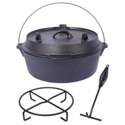 US Local Pre-Seasoned Cast Iron Dutch Oven With Skillet Lid, Outdoor Camping Deep Pot For Camping Fireplace Cooking BBQ Baking Campfire, With Iron Pot Rack, 6 Quart
