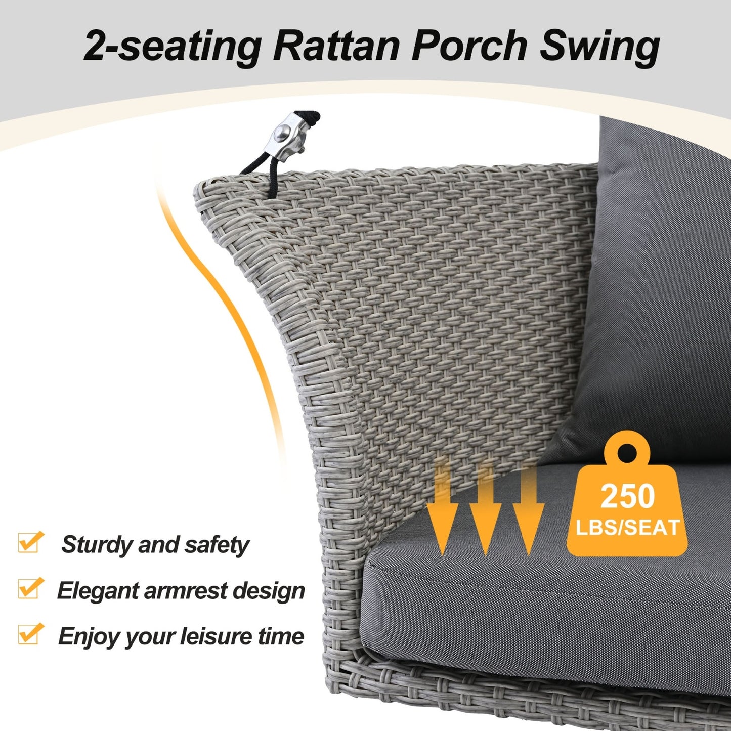 US Local GO 51.9 2-Person Hanging Seat, Rattan Woven Swing Chair, Porch Swing With Ropes, Gray Wicker And C