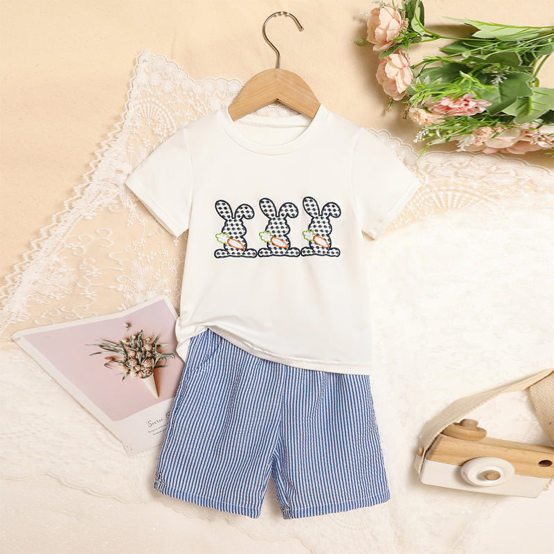 US Local Toddler Casual 2-Piece Set, Bunny & Carrot Embroidered Short Sleeve T-Shirt With Striped Pocket Shorts