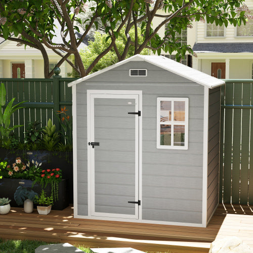 UK Local Outsunny 6 X 4ft Outdoor Shed With Foundation, Lockable Door, Vents, Windows, Plastic Shed For Tool Storage, Grey