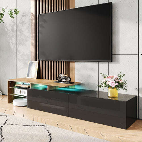 UK Local Modern TV Cabinet Design Stylish And Elegant, Practical Storage Space, Black And Wood Look, Glass Shelves, LED Lighting
