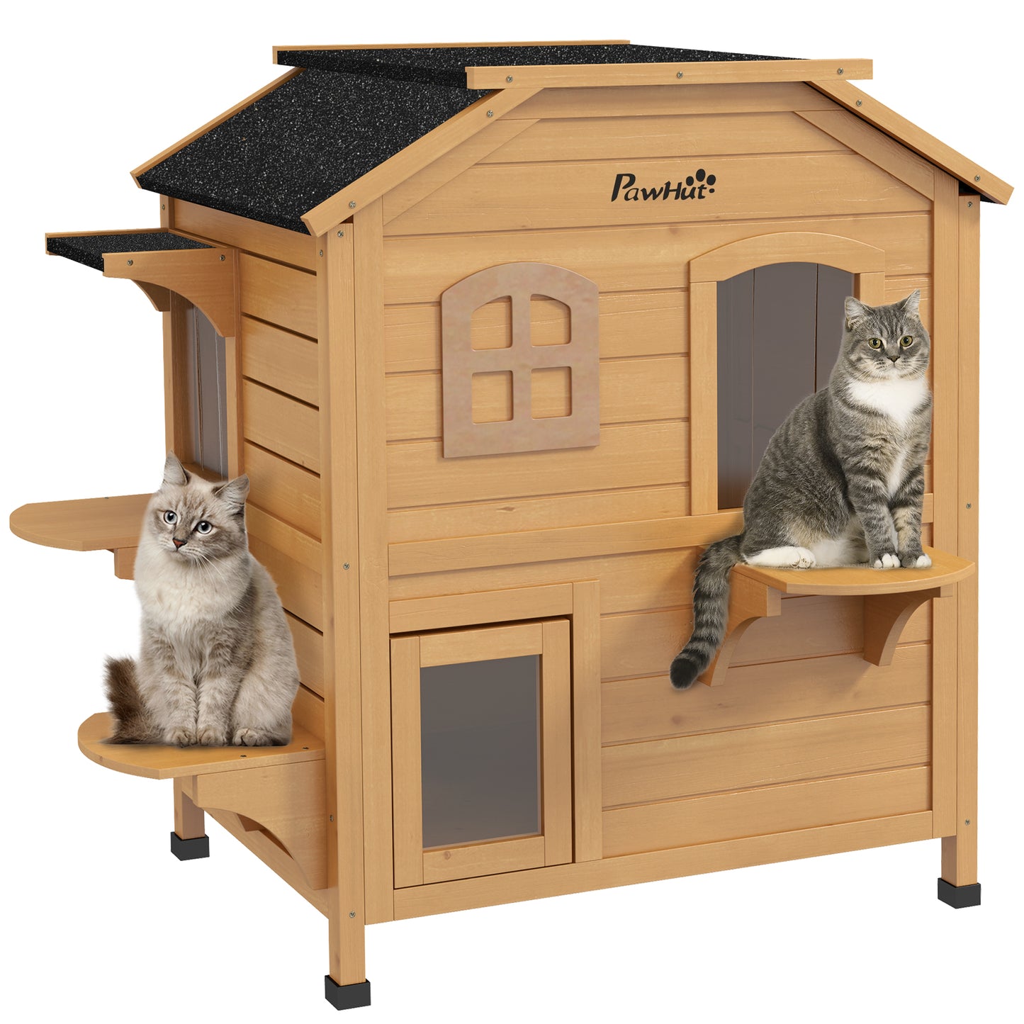 US Local 2-Story Wooden Outdoor Cat House Feral Shelter With Escape Door Asphalt Roof 4 Platforms Natural