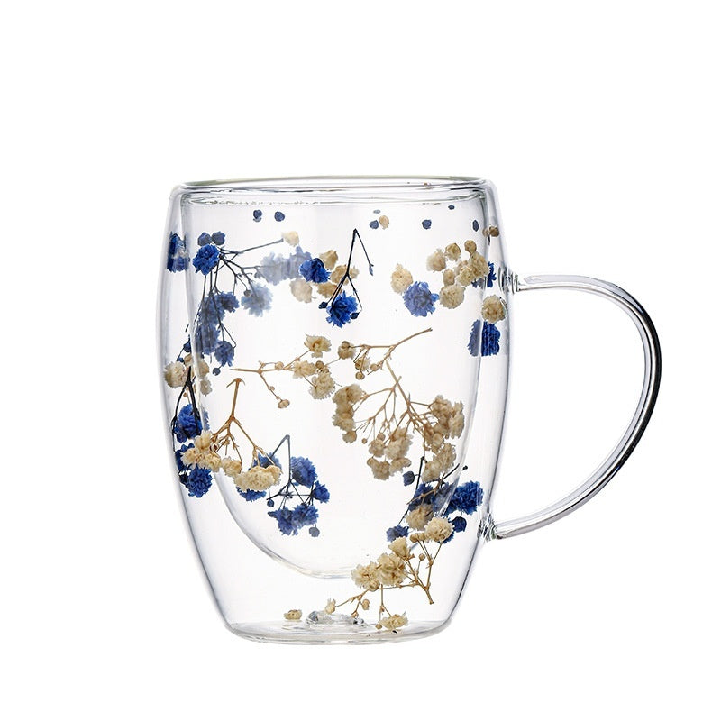Real Flower Double Layer Glass Cup Good-looking Starry Sky