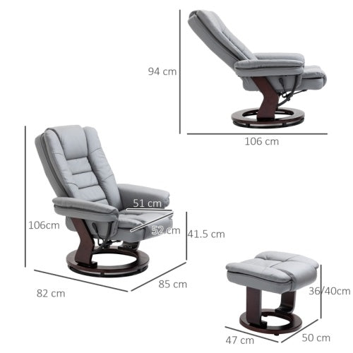 UK Local HOMCOM Recliner Chair With Footstool, Recliner Armchair Up To 130kg Weight Capacity, 135 Reclining Swivel Sofa Chair, PU Leather Ergonomic Couch Bed With Swivel Wood Base For Living Room, Grey