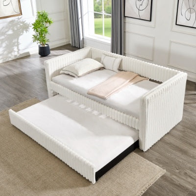 US Local Twin Size Daybed, Upholstered Sofa Bed,The Bottom Pulls Out To Form A Bed ,Striped Corduroy Fabric- Beige 86x43.5x34