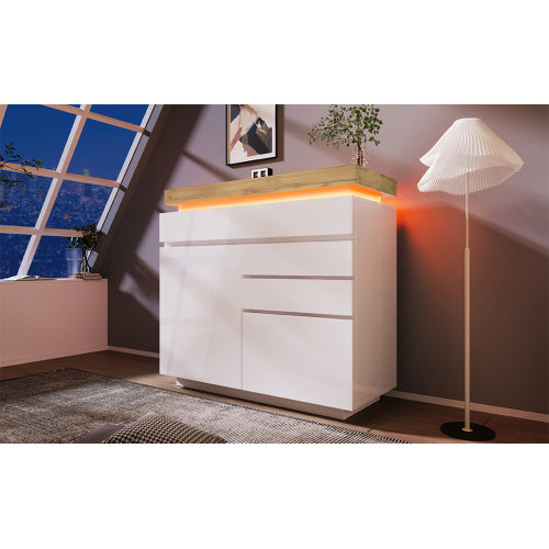 UK Local Chest Of Drawers,High-gloss Sideboard Cabinet With 2 Doors And 3 Drawers,Storage With RGB LED App-controlled,Multi-purpose Cabinet For Living Room And Bedroom, 115 X 110 X 39 Cm, White