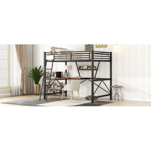 US Local Full Size Loft Metal&MDF Bed With Desk And Shelf, Black