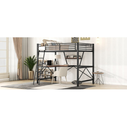 US Local Full Size Loft Metal&MDF Bed With Desk And Shelf, Black