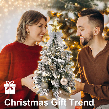 US Local 2ft Mini Christmas Tree With Light Artificial Small Tabletop Christmas Decoration With Flocked Snow, Exquisite Decor & Xmas Ornaments For Table Top For Home & Office, Rose Gold