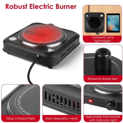 US Local 1Pc 1200W Electric Infrared Single Burner Portable Heating Hot Plate Stove Countertop RV Hotplate With 7.5in Glass Cooktop Stepless Temperature Adjustments For Home RV Camp