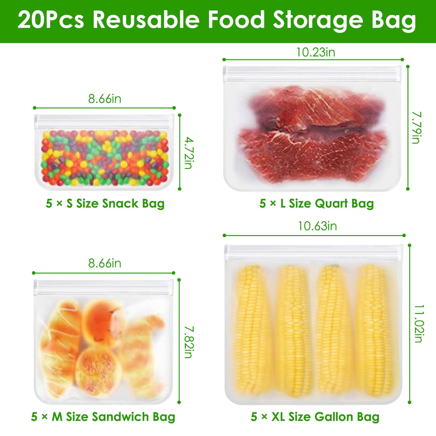 US Local 20Pcs Reusable Food Storage Bags 5 Sandwich Snack Gallon Quart Bag Leakproof BPA Free Food Container Freezer Safe Lunch Bag