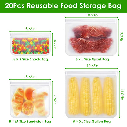US Local 20Pcs Reusable Food Storage Bags 5 Sandwich Snack Gallon Quart Bag Leakproof BPA Free Food Container Freezer Safe Lunch Bag