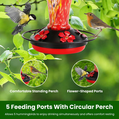 US Local 1Pc Glass Hummingbird Feeder 33OZ Hand Blown Hummingbird Feeder With 5 Flower Feeding Port Perch Ant Moat Hanging Hook S Hook Hemp Rope Cleaning Brush For Garden Decor