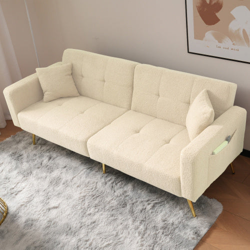 UK Local The Sofa Bed Has A Bed Function, Three Adjustable Backrest Angles, Gold Legs, Cushions And Side Storage Pockets.