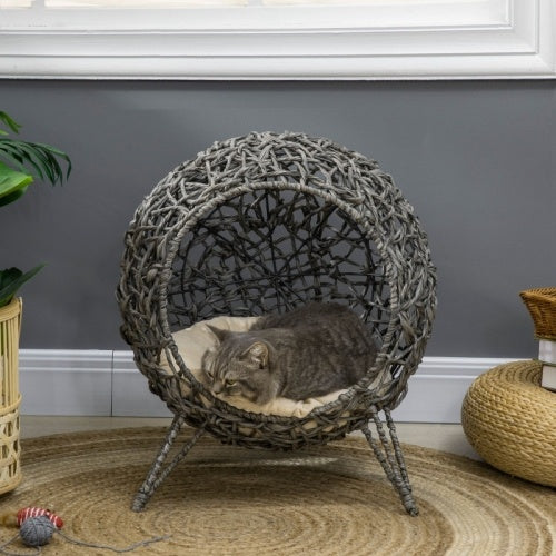 UK Local PawHut Rattan Elevated Cat Bed House Kitten Basket Ball Shaped Pet Furniture W Removable Cushion - Silver-Tone And Grey
