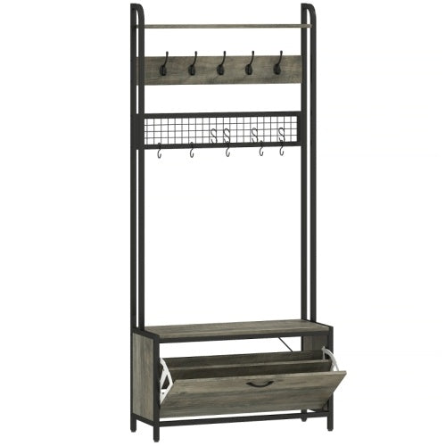 UK Local HOMCOM 5-In-1 Industrial-Style Hallway Tree - Grey Black