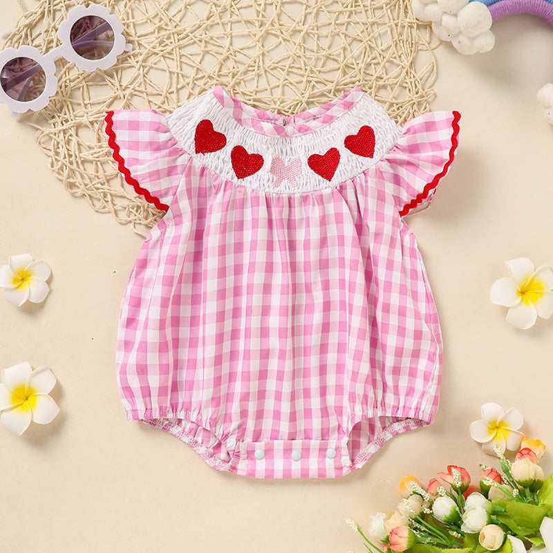 US Local Newborn Baby Girls' Valentine's Day Smocked Romper Ruffle Sleeve Plaid Heart Embroidery Jumpsuit Casual Cute Romper