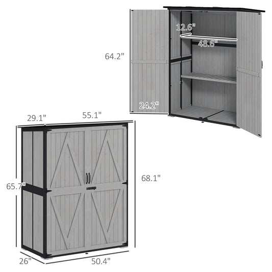 Wood Storage Shed, Outdoor Garden Shed With Asphalt Roof, 2 Shelves, Lockable Doors And Adjustable Feet, Gray