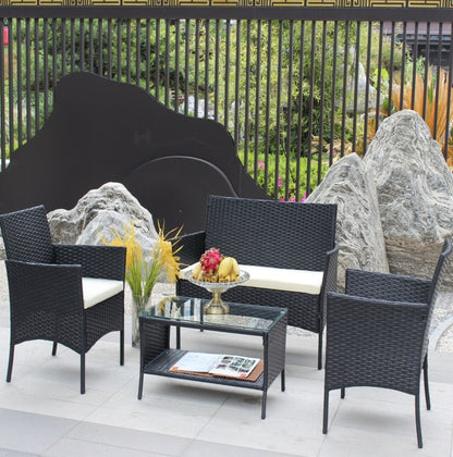 US Local 4PC Rattan Patio Set Outdoor Cushioned Wicker Sofa - Beige