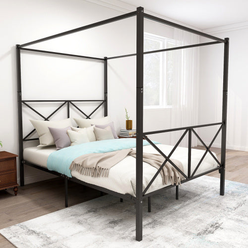 US Local Metal Canopy Bed Frame, Platform Bed Frame Queen With X Shaped Frame Queen Black