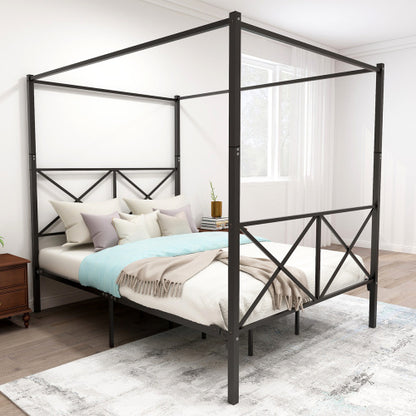 US Local Metal Canopy Bed Frame, Platform Bed Frame Queen With X Shaped Frame Queen Black