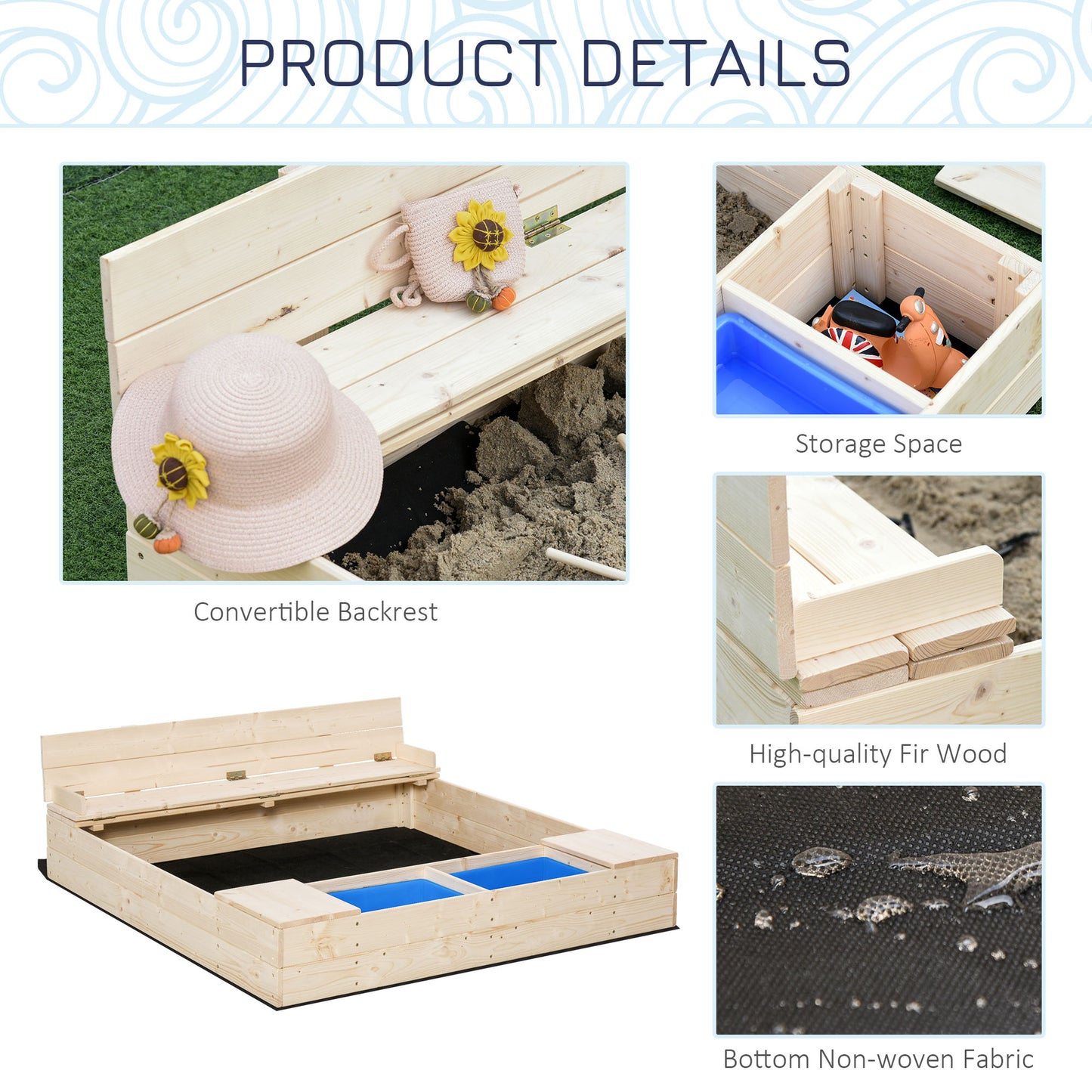US Local Kids Sandbox w/ Two Boxes Foldable Bench Seat Waterproof Cover Bottom Liner Storage Space