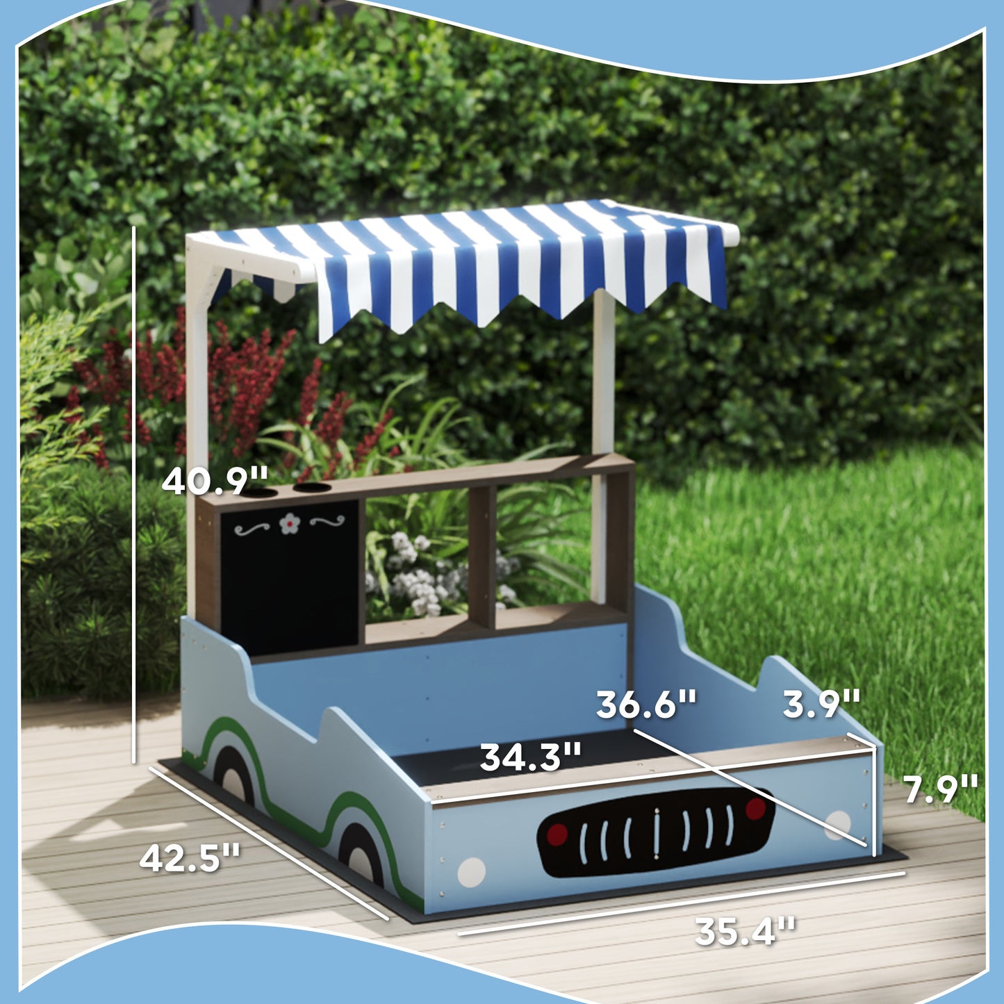 US Local Kids Wooden Sandbox With Canopy With Bench Seats, Bottom Liner, Drawing Board, Planting Boxes For Backyard, Garden, Blue