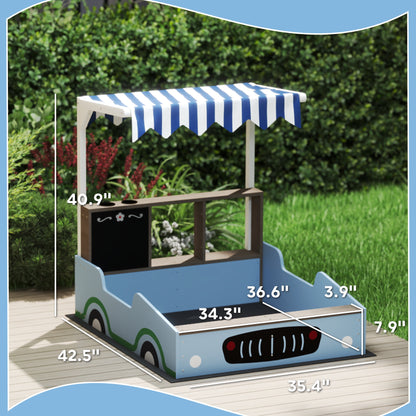 US Local Kids Wooden Sandbox With Canopy With Bench Seats, Bottom Liner, Drawing Board, Planting Boxes For Backyard, Garden, Blue