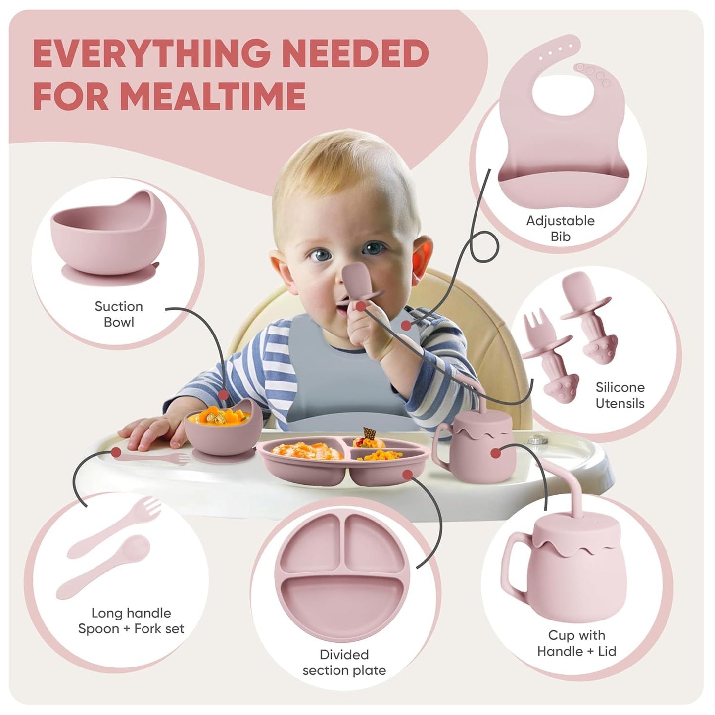 US Local Silicone Baby Feeding Set With Suction, 10 Pcs Baby Led Weaning Supplies With Suction Bowl Divided Plate Adjustable Soft Bib Spoon Fork Snack Cup With Lid And Other Utensils, Sakaura Pink