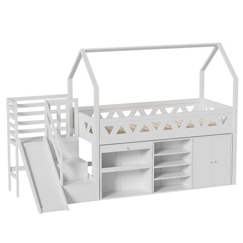 UK Local Children's Single Bed With Slide & Stairs - Multifunctional Solid Wood Bed Frame With Storage Drawers, Magnetic Locker Door - White  90x190cm, No Mattress Included, UK Single Size