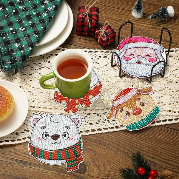 US Local 6 Packs Christmas Rhinestones Art Coasters With Holder Snowman Gingerbread Man Penguin Santa Claus Pattern Gift Non Slip Acrylic Cup Coaster 5D DIY Full Drill Rhinestones Dots Art