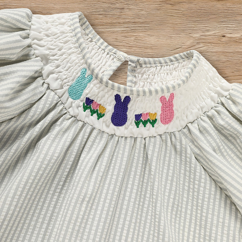 US Local Infant Baby Girls' Easter Bunny Smocked Dress Embroidered Short Sleeve Casual Summer Dress