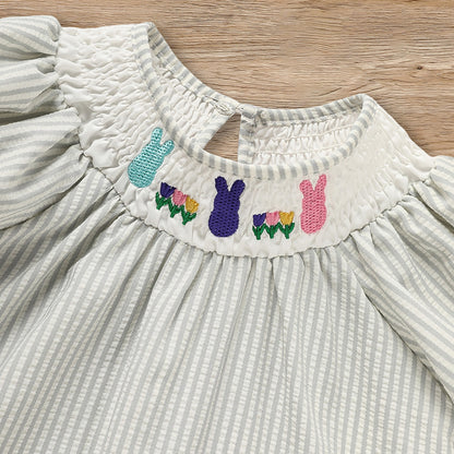 US Local Infant Baby Girls' Easter Bunny Smocked Dress Embroidered Short Sleeve Casual Summer Dress