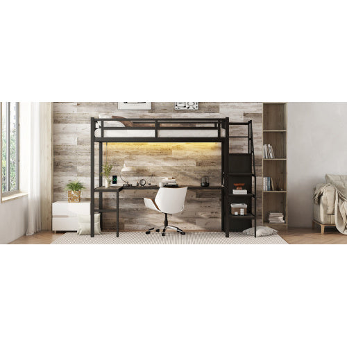 US Local Twin XL Size Loft Bed With L-shaped Desk And USB, Metal Loft Bed With Wardrobe And Adjustable Shelf, High Loft Bed With LED For Kids Teens Adults, Black