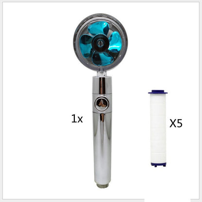 US Local Propeller Driven Shower Head With Stop Button And Cotton Filter Turbocharged High Pressure Handheld Shower Nozzle