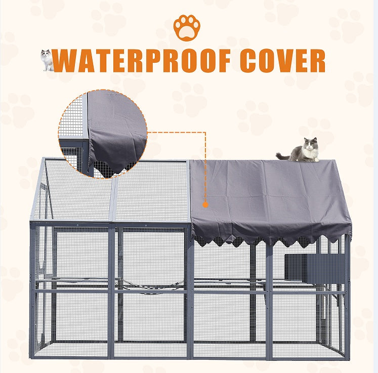 US Local Outdoor Cat House Cat Fence, Upgraded Waterproof Cover - Gray